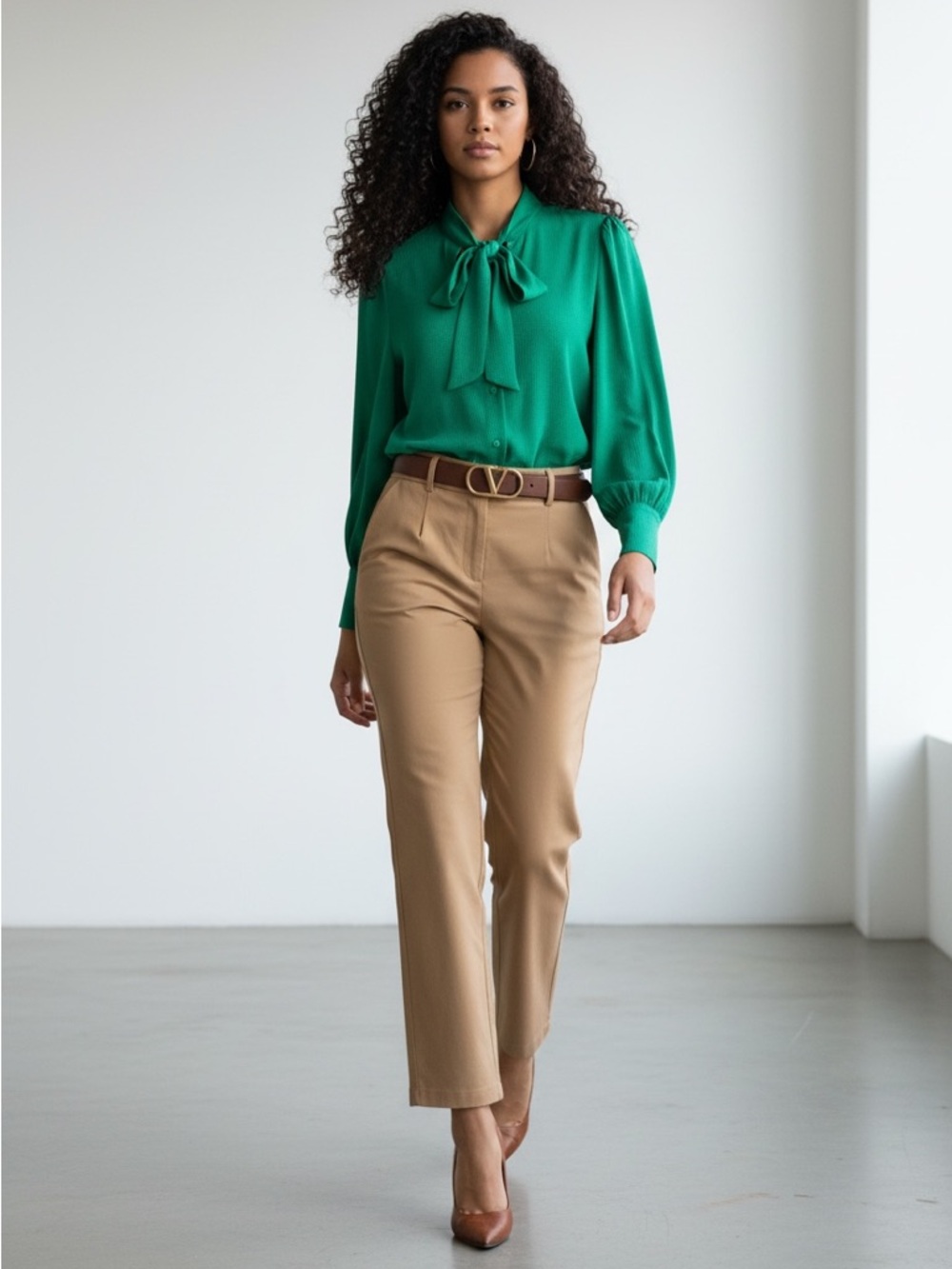 Sezane 100% silk Green Tie-Neck textured Blouse - Paris